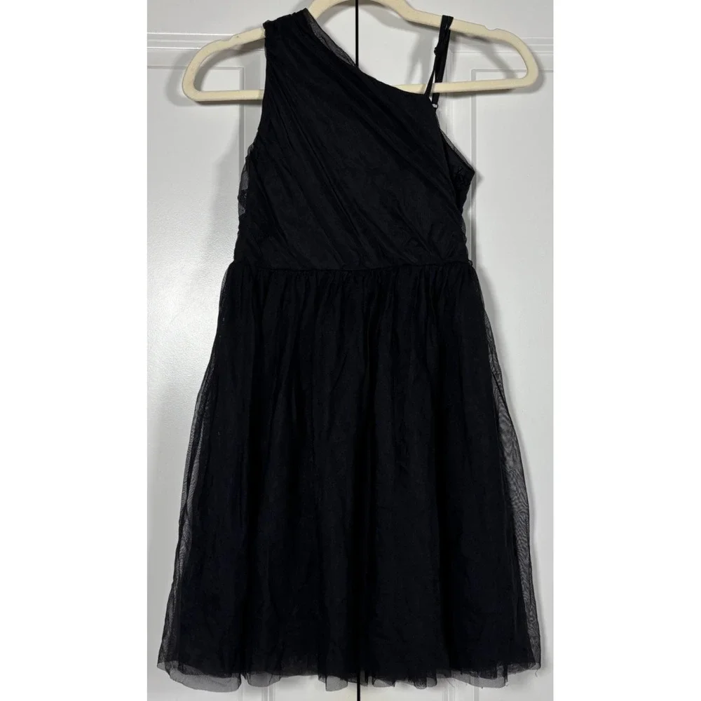 Girls Tulle Mini Dress Black One Shoulder Ruched Cocktail Party Lined 150 10-12